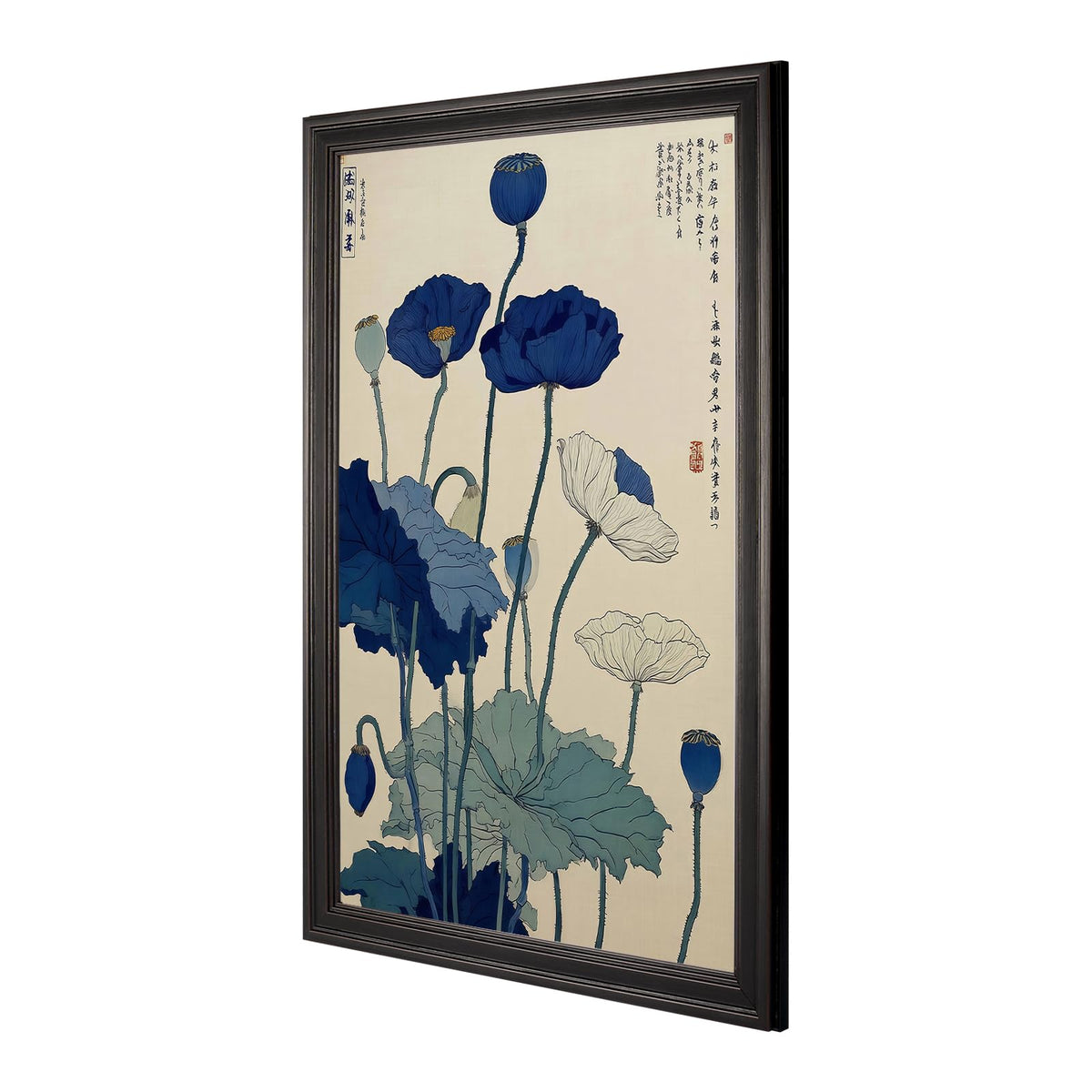 Japanese Indigo Blue Poppy Canvas Wall Art Vintag Ukiyo (Black 07 / 12"L x 16"W)