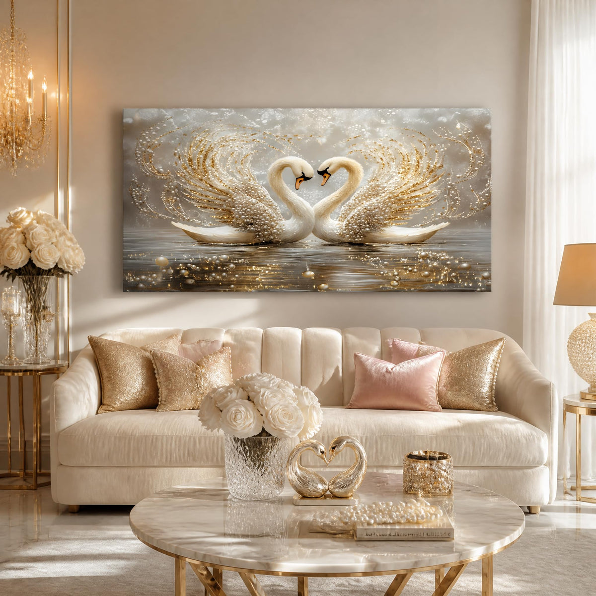 Romantic Swan Canvas Wall Art Gold Glitter Pearl Animal Painting Print Gallery Wrapped Luxury Heart Swan Artwork for Living Room Bedroom Bathroom Decor (Mysterious / White Swans Love 3 / 40"L x 20"W)