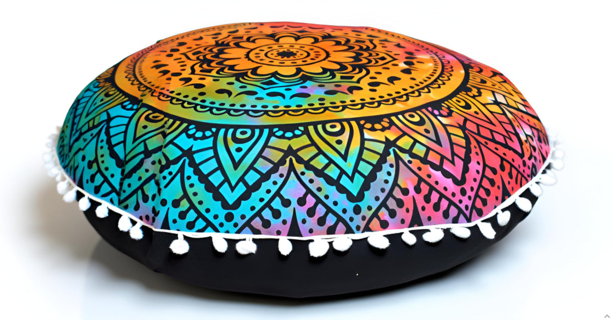 Round Mandala Boho Pillow Cover Meditation India Room Seating Poufs Cover for Living Room Yoga Home Décor Bedroom Balcony Garden Decoration Cotton Floor Cushion Cover (32" / Multi Flower)