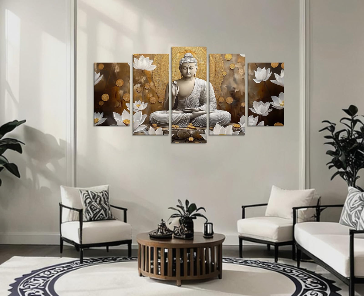 5 Piece Buddha Canvas Art Zen Wall Decor Framed Buddhism Meditation Picture White Lotus Prints for Spiritual Room Living Room Home Decor Ready to Hang (50x24 inch / Picture-8)