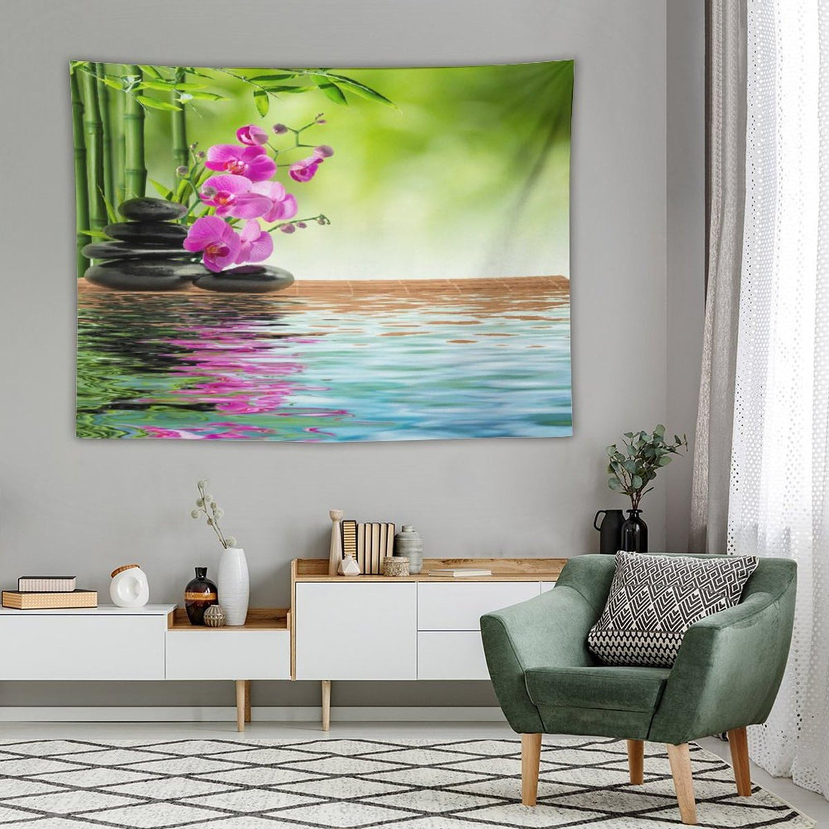 Purple Orchid Spa Tapestry Wall Hanging Bamboo Stone Tapestries Home Decor for Living Room Bedroom Farmhouse Kitchen Dorm 60"x80" (60"L x 80"W / Zen-8)