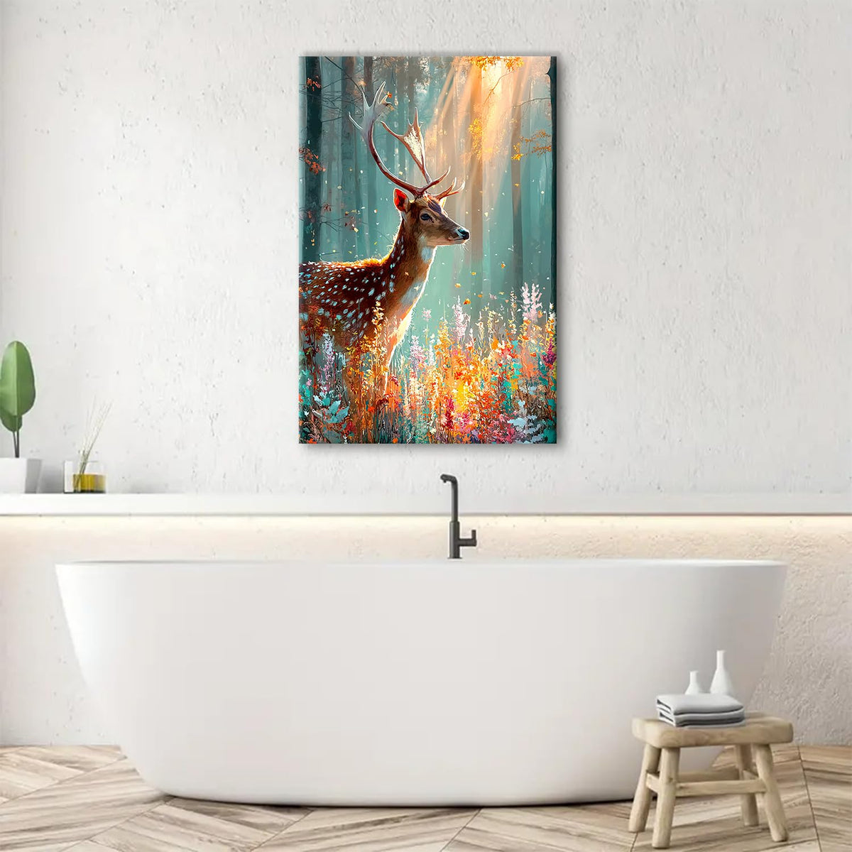 Deer Wall Art Fall Forest Wall Decor Nature Autumn Landscape Picture Rustic Wildlife Animal Canvas Prints Farmhouse Elk Painting Colorful Flowers Artwork for Bedroom Living Room Home Decoration 24x36" (36"L x 24"W / Fall Deer01)