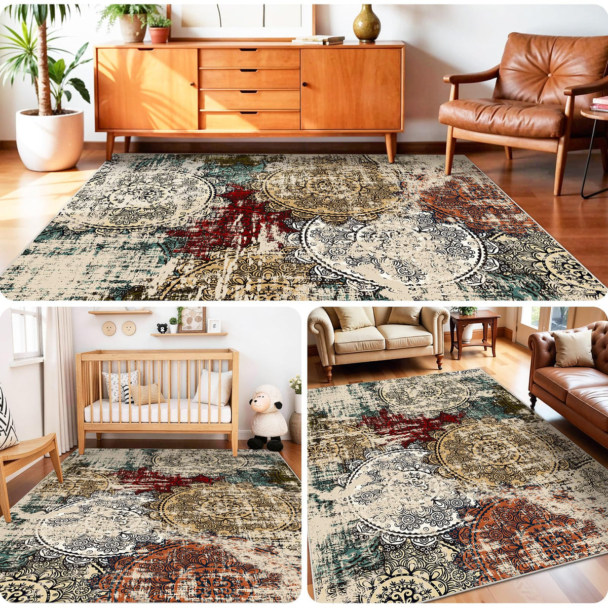 Washable 4x5 Area Rug Abstract (Red/Green/Multi / 4' x 5' (Rectangular))
