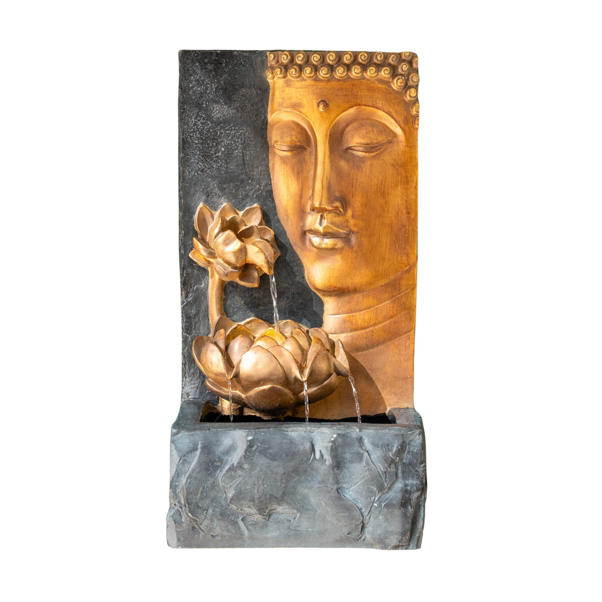30" H Zen Buddha Face Water Fountain w (Gray and Gold)