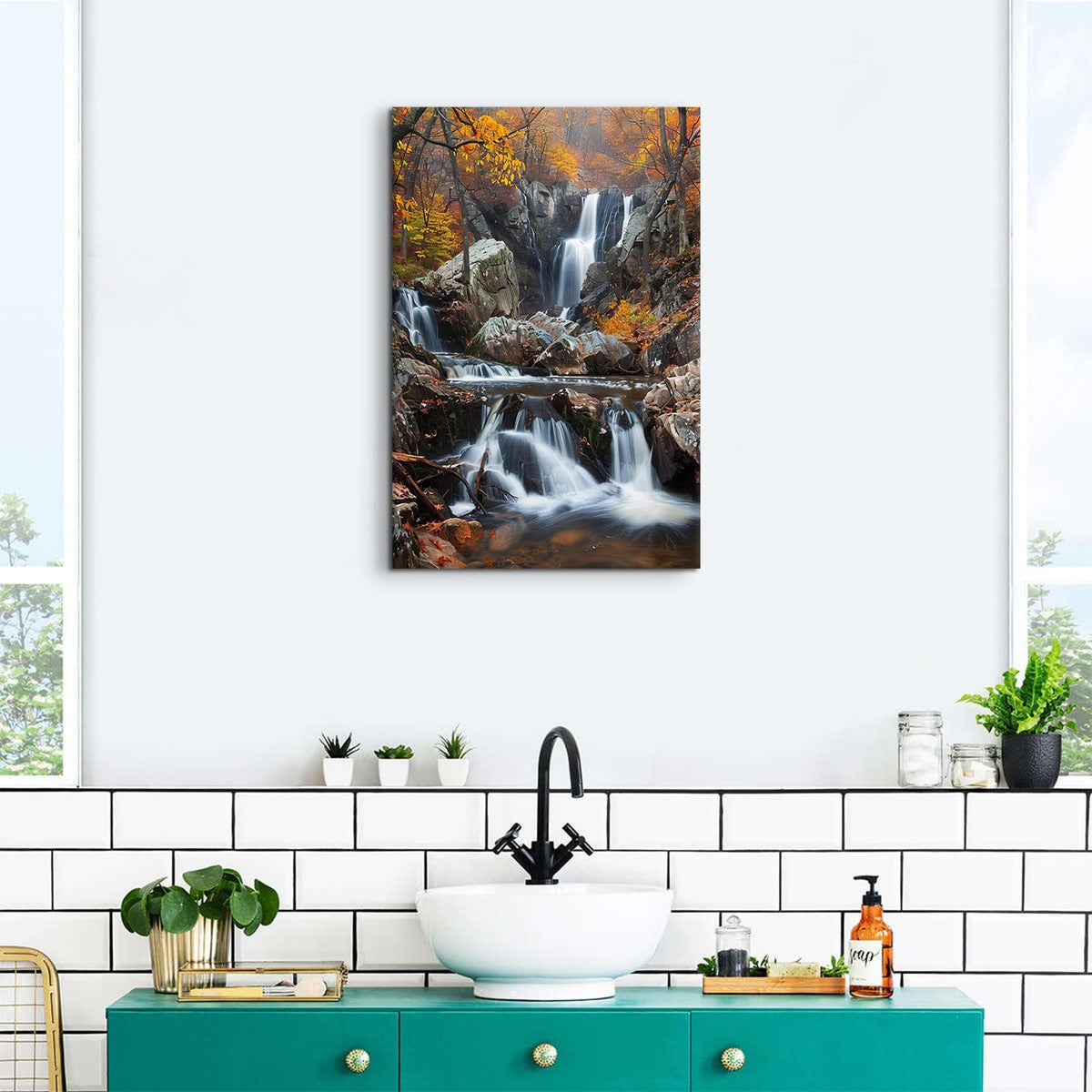 Nature Waterfall Wall Art Mountain Pictures Wall Decor National Park Posters Orange Forest Trees Pictures Autumn Stream River Canvas Painting Artwork for Bathroom Living Room Home Decoration 16x24" (24"L x 16"W / Fall Waterfall01)