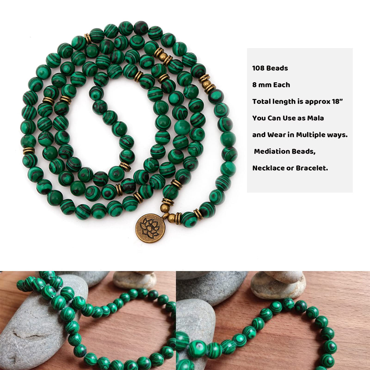 Mala Bead Strand Bracelet (Green Malachite)