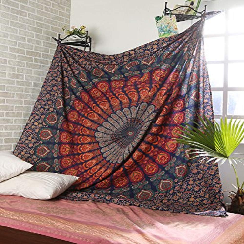 Peacock Mandala Tapestry Hippie Wall Hanging 90x84 inch Decorative Trippy Tapestries Boho Indian Handmade Cotton Bedspread (Golden Blue / 90"L x 84"W)