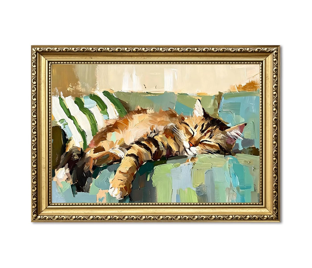 Sleeping Cat Wall Art Cute Tabby Cat Wall Decor Picture Cozy Kitty Animal Canvas Painting Print for Bedroom Living Room 24x16 inch Gold Framed (Animal-P / 24"L x 16"W)