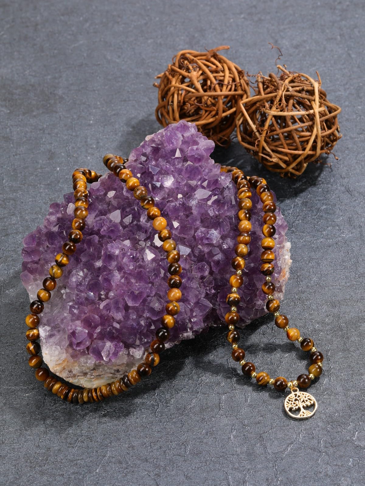 Tiger Eye Prayer Beads Bracelet Long Beaded Necklace Natural Gemstone 108 Mala Beads Tree Life Yoga Meditation Bracelet Necklace (Tiger Eye Stone)