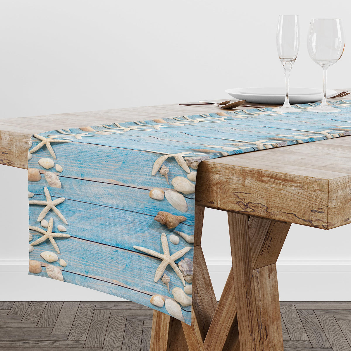 Summer Beach Table Runner Dresser Scarves Beach Theme Cotton Linen Seashells Starfish Blue Rustic Wood Table Setting Decor for Wedding Party Holiday Dinner Home 13x90 inch (13x90inch / Ocean 6)
