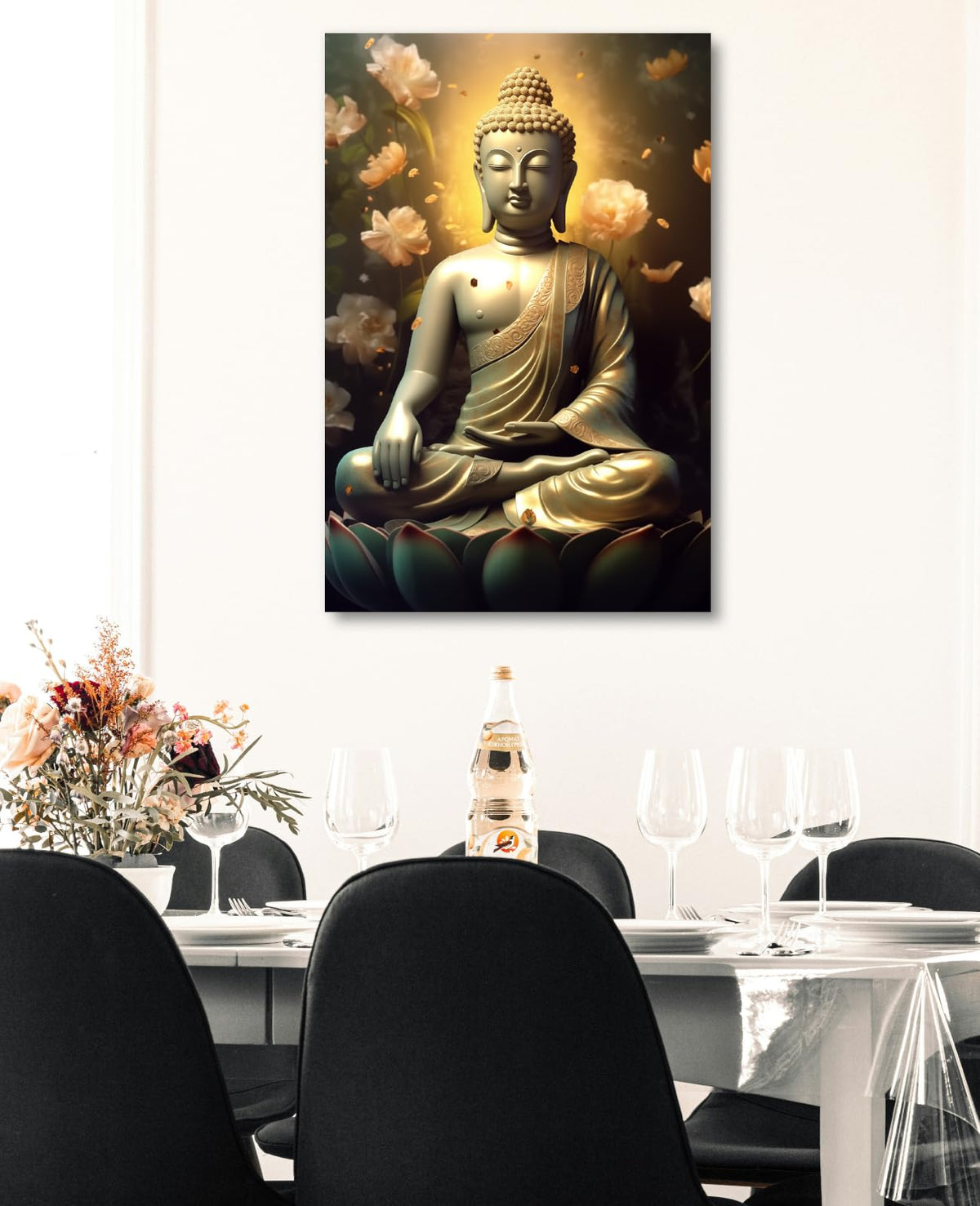 Zen Canvas Wall Art Buddha with Peony Picture Flower Poster Meditation Spiritual Artwork for Yoga Spa Room Bathroom Office Home Decor Framed (18"L x 12"W / Buddha-3)