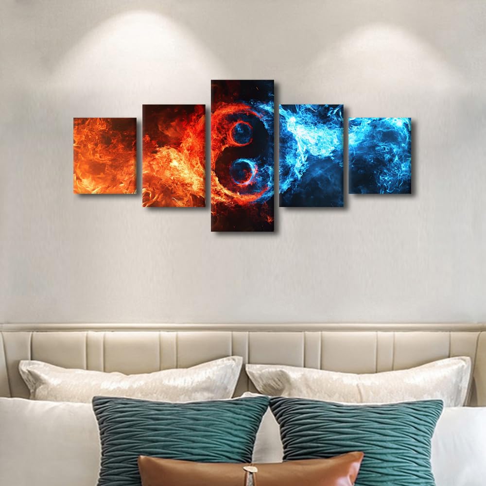 Canvas Wall Art Blue And Red Fire Yin Yang Symbol Five Panel Framed Painting Modern Home Decor Asian Philosophy Wall Art Bold Office Decor Ready to Hang 50" Wx24 H‌ (50''Wx24''H / Artwork-09)