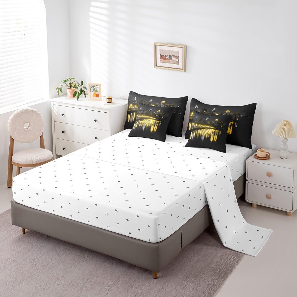 Golden Gate Bridge Comforter Set with Sheets Full Size Kids Nightscape 7 Piece Bedding Set All Season Teens City Scenery Bed in A Bag Breathable Soft Lightweight Black Yellow Room Decor (Carbon Black Yellow / Full)