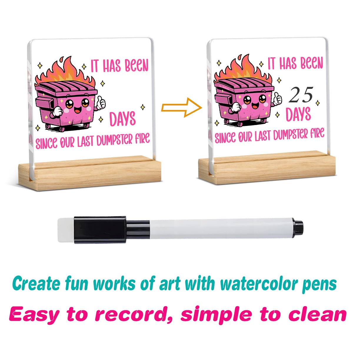 Dumpster Fire Desk Accessories Funny Office Decor Pink Accessories Funny Office Gifts It Has Been Days DIY Acrylic Sign for Home Bedroom Living Room (Pink It Has Been Days Since Our Last Dumpster Fire / Wooden base acrylic with a pen)