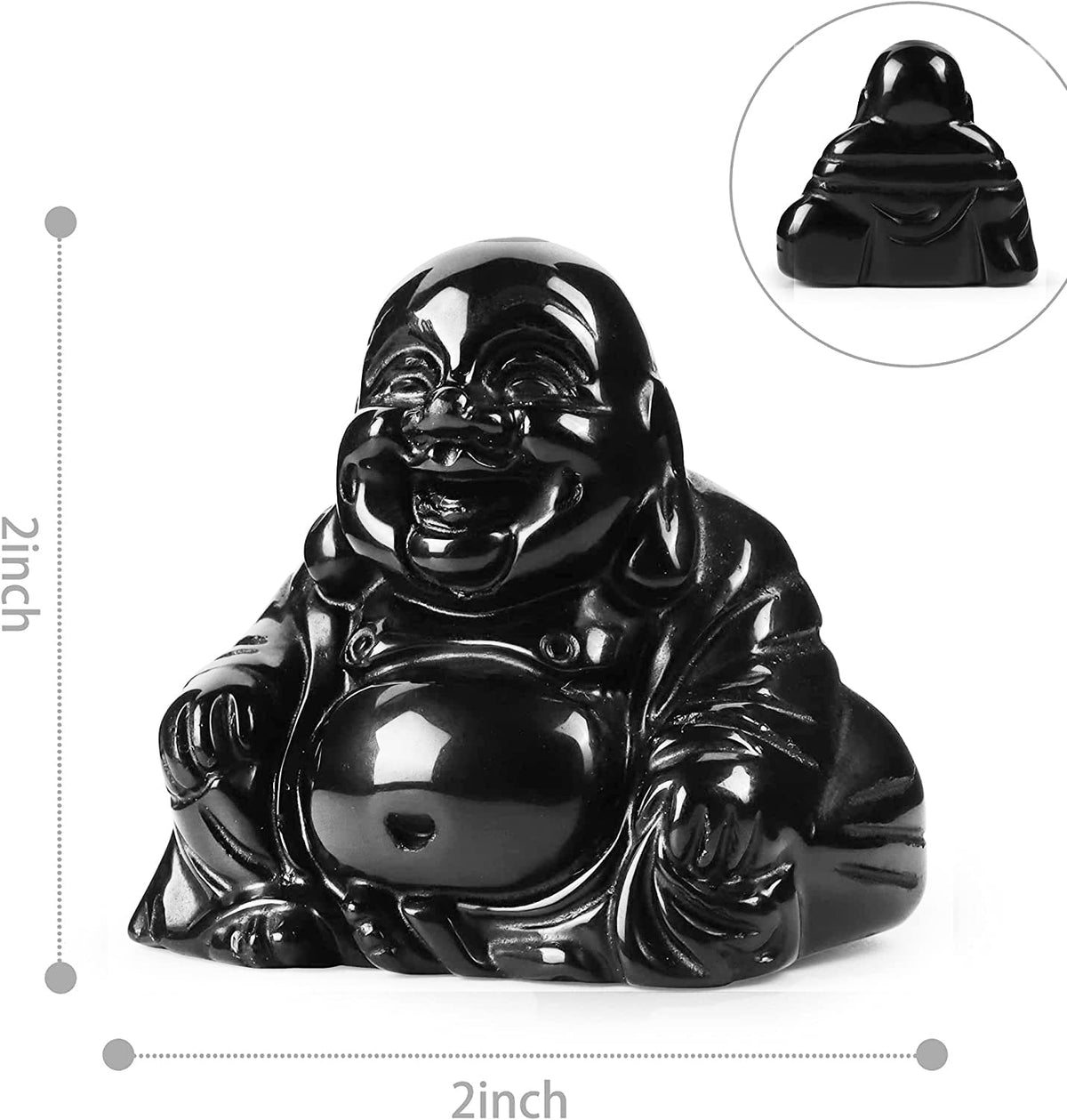 2 Inch Crystal Happy Buddha Statue Hand Carved Laughing Feng Shui Figurines for Good Luck Wealth Happiness Home Decor Gifts (2 inch / Black Obsidian)