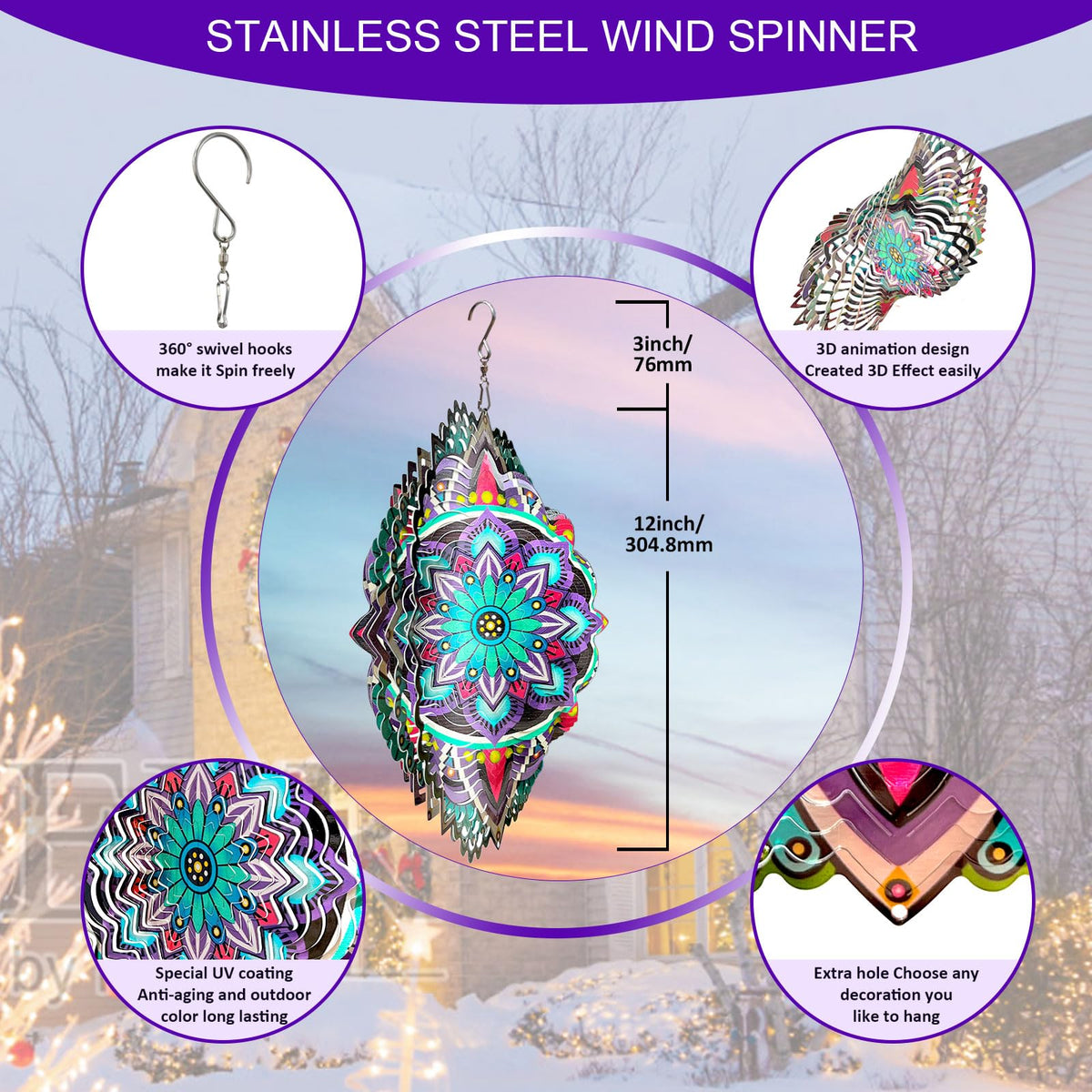 Hanging Wind Spinners for Yard and Garden Mandala Purple Star (12in / 009-5purple Mandala Purple Star)