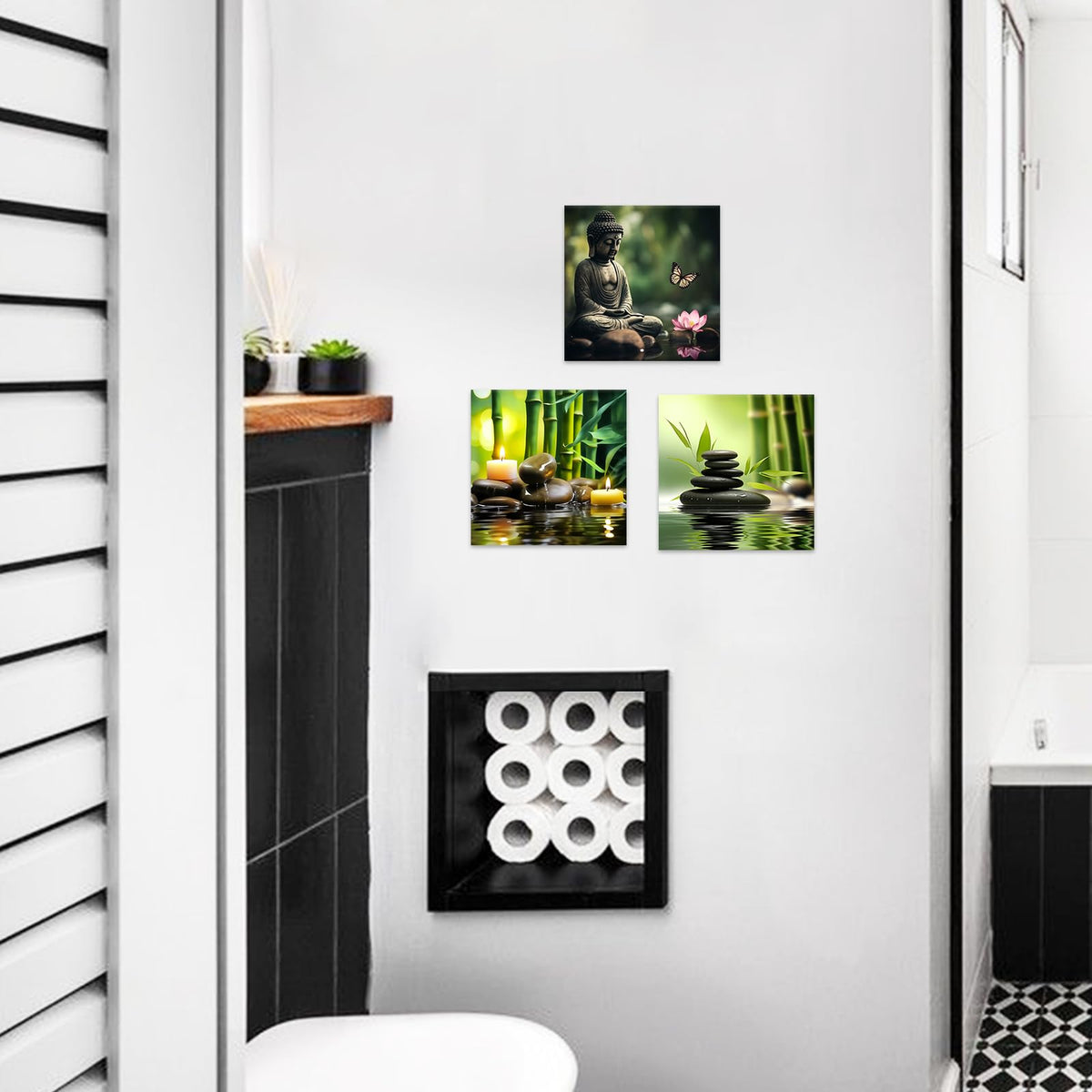 Zen Canvas Wall Art 3 Piece Bamboo Spa Pictures Zen Stones Candles Painting Buddha Print Beauty Treatment Meditation Room Decor Framed (B / 16"x16"x3)