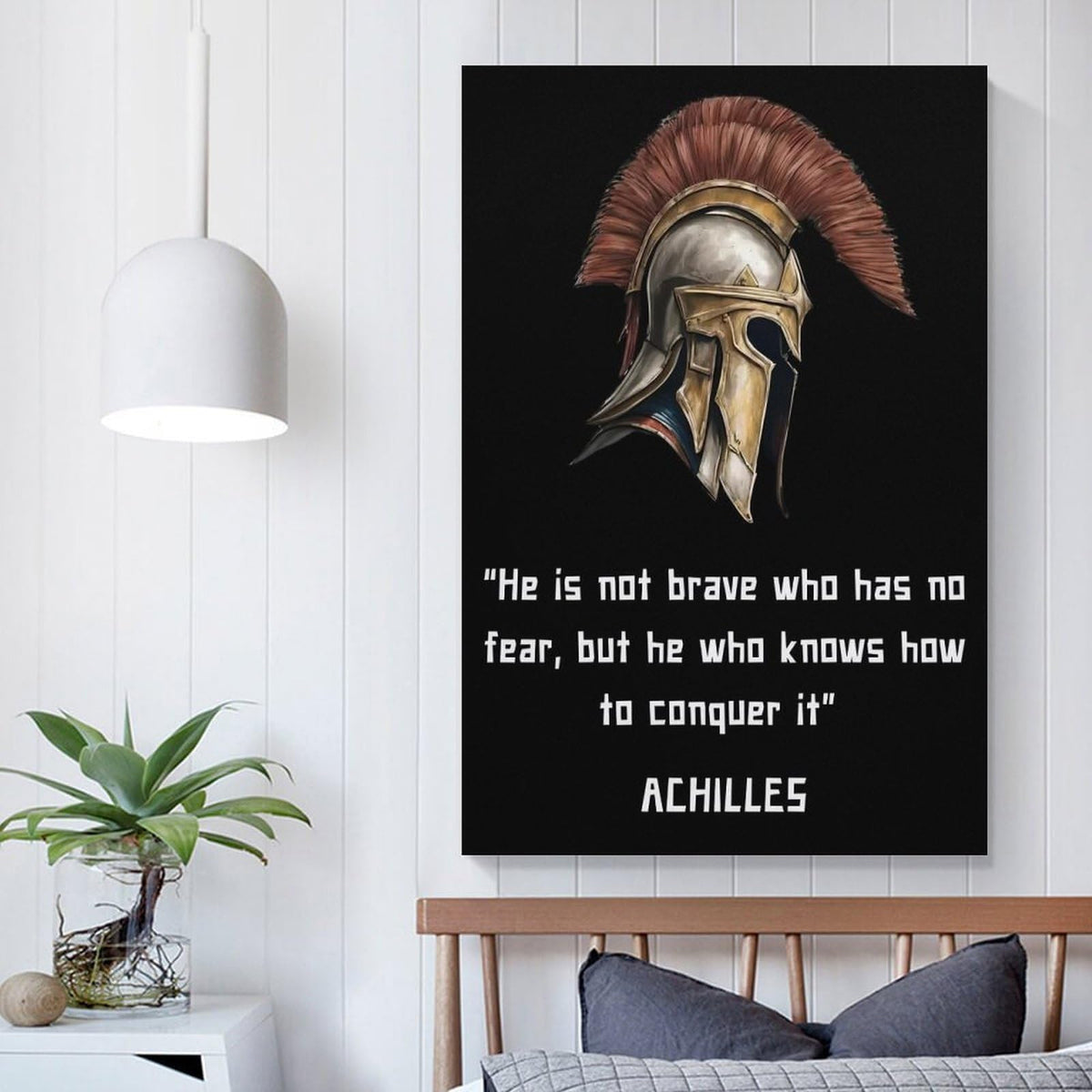 Achilles Brave Conquer Fear Motivational Quote Canvas Printing Wall Art Prints Wall Decor Posters Greek Warrior Helmet Minimalist Black Living Room Bedroom Office Gym 16x24inch (style-45 / 16x24inch(40x60cm) Unframe)