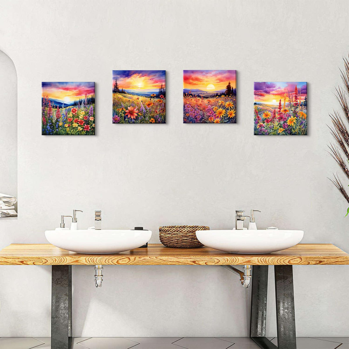Wildflower Wall Art Burnt Orange Sunset Nature Pictures for Living Room Colorful Floral Landscape Painting Canvas Prints Bedroom Mountain Flowers Artwork Office Bathroom Home Decorations 12x12” 4P (12"L x 12"W / Wildflower)