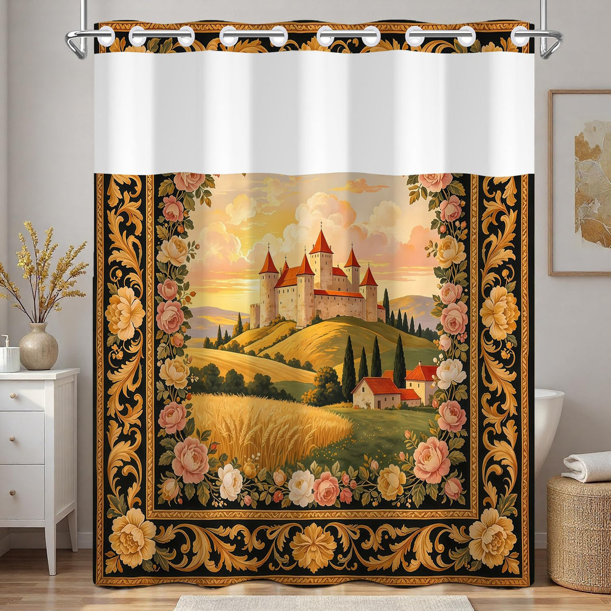 Castle Landscape Print Shower Curtain with Snap in Removable Liner (Castle)