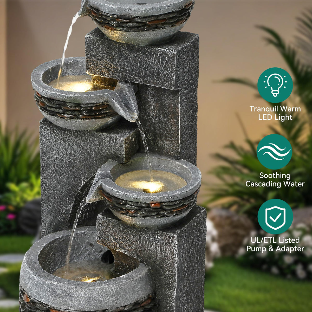 4 Tier Outdoor Water Fountain with Pebble Texture and LED Lights (Concrete-look)