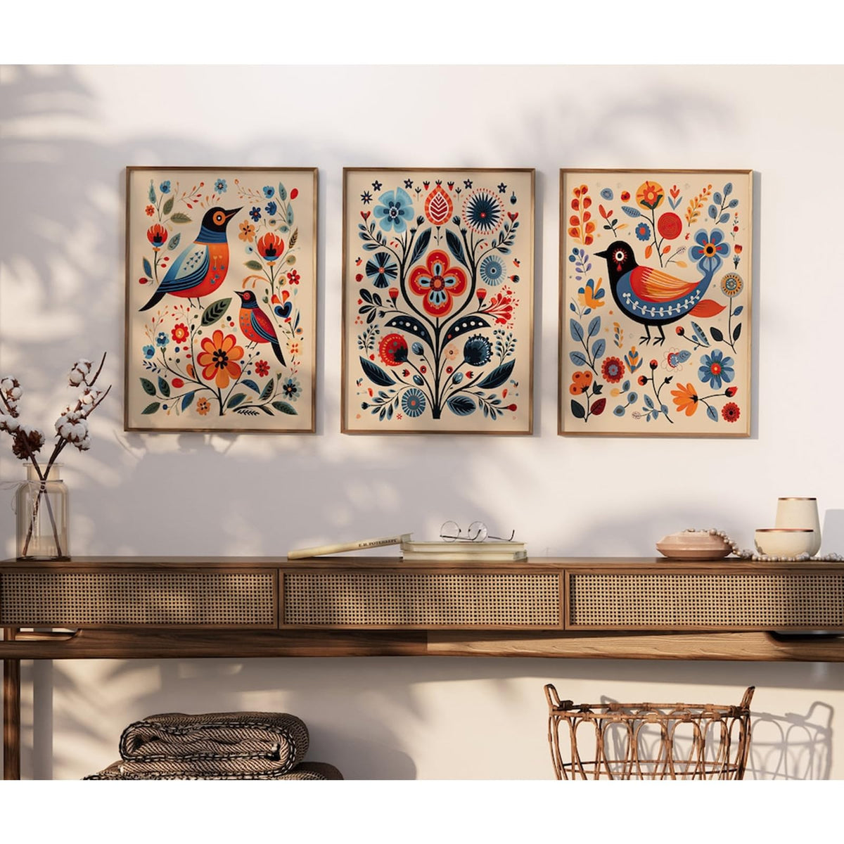 Scandinavian Folk Wall Art Nodic Flower Canvas Wall Decor Norwegian Wall Art Poster Swedish Antique Wall Decor Pictures Floral Bird Prints Vintage Poster for Home Kitchen 16x24x3 Inch Unframed (Unframed / Colorful Flower Prints Art / 24"L x 16"W)