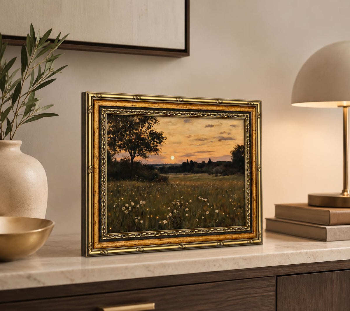Framed Vintage Floral Wall Art Sunset Flower Field Canvas Print Poster Country Gallery Style Landscape Painting Living Room Bedroom Farmhouse Wall Decoration 8x10 Inches Ready To Hang Or Tabletop (Flowers - 10 / 8x10in)