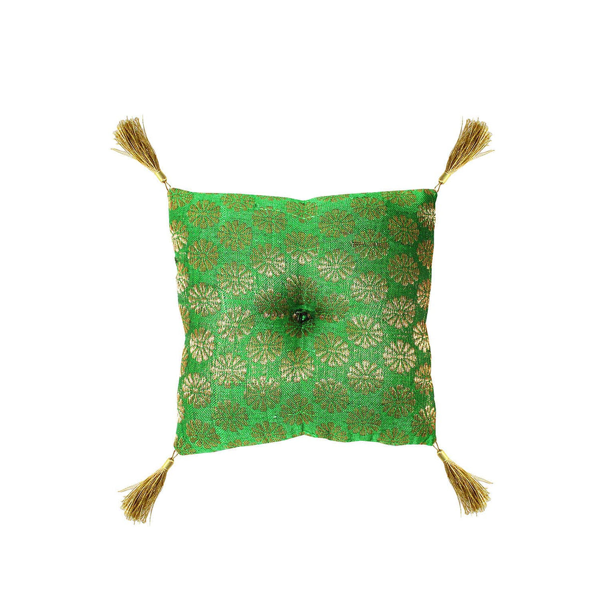 Cushion for Tibetan Singing Bowl Handmade Square Cushions Brocade Art Silk Home Decor Jewelry Display Pillow (5" x 5" Inch / Green)
