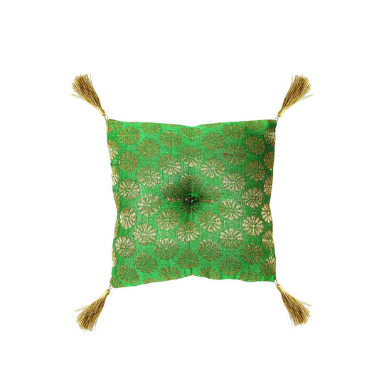 Cushion for Tibetan Singing Bowl Handmade Square Cushions Brocade Art Silk Home Decor Jewelry Display Pillow (5" x 5" Inch / Green)