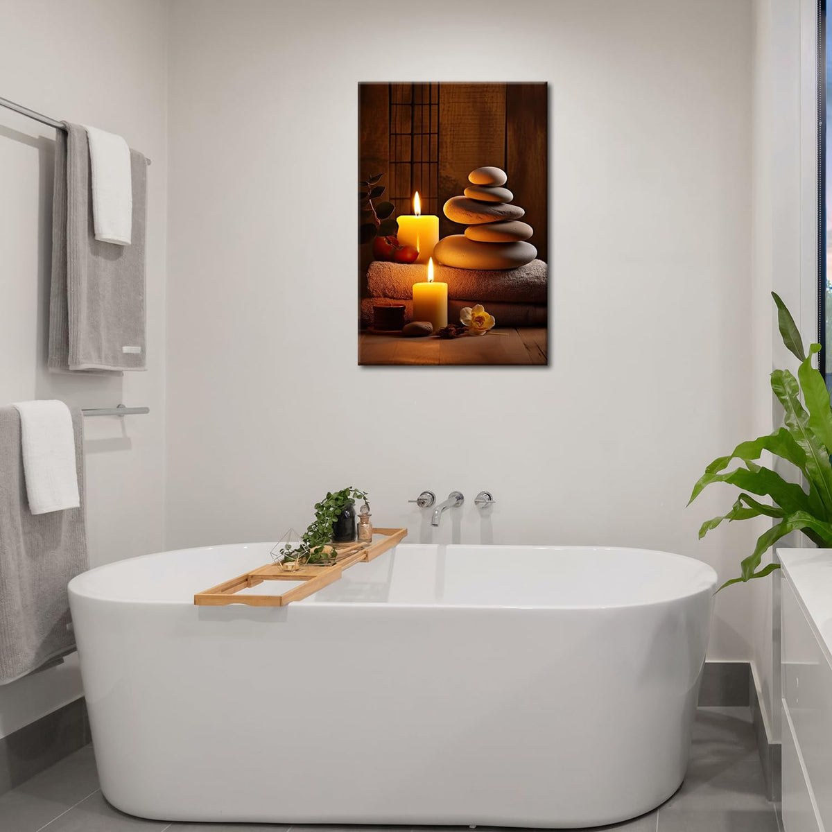 Zen Spa Wall Art Meditation Room Wall Decor Massage Stones with Atmospheric Candles Relax (Zen-03 / 24"L x 16"W)