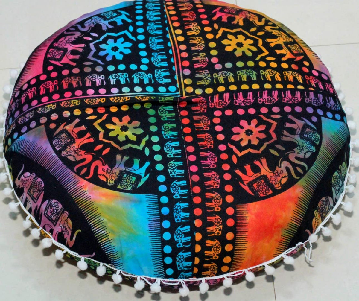 22" Round Mandala Boho Pillow Cover Meditation Room Seating Poufs Cover for Living Room Yoga Room Home Bedroom Balcony Garden Party Decoration Cotton Floor Cushion Cover (22" / Multi U.p Elephant)