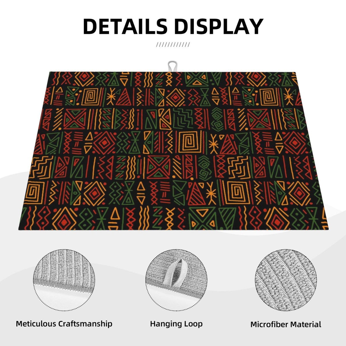 African Tribal Geometric Totems Dish Drying Mat 18x24 Inch (Black Red)
