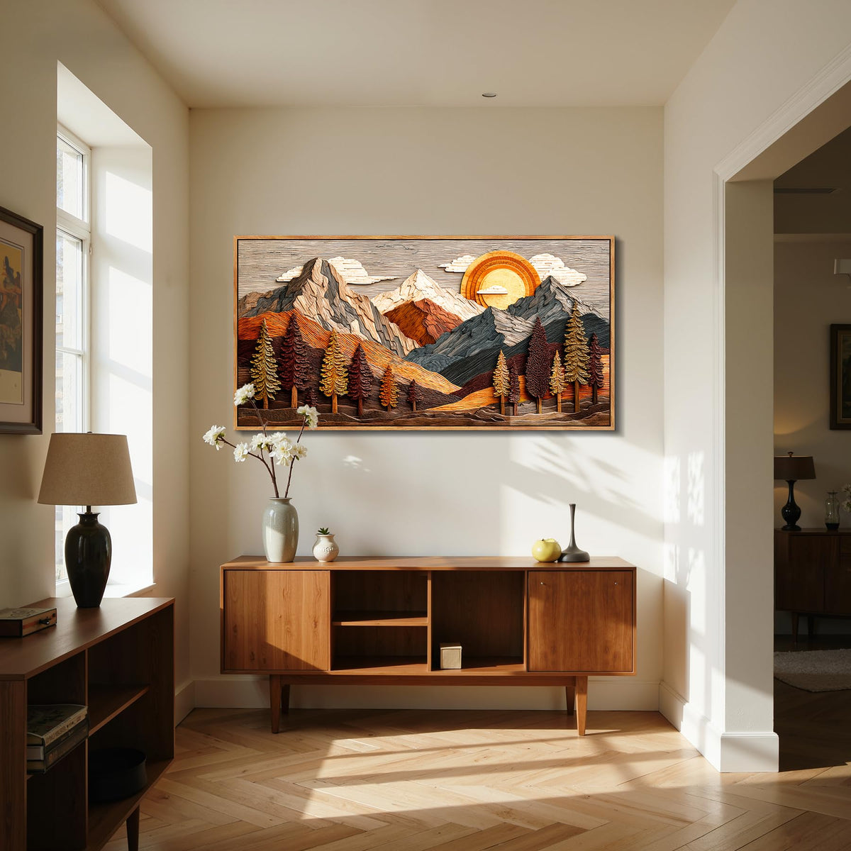 Boho Mountain Large Framed Wall Art Abstract Nature Decor Neutral (Wooden Mountain Print / 48"L x 24"W)