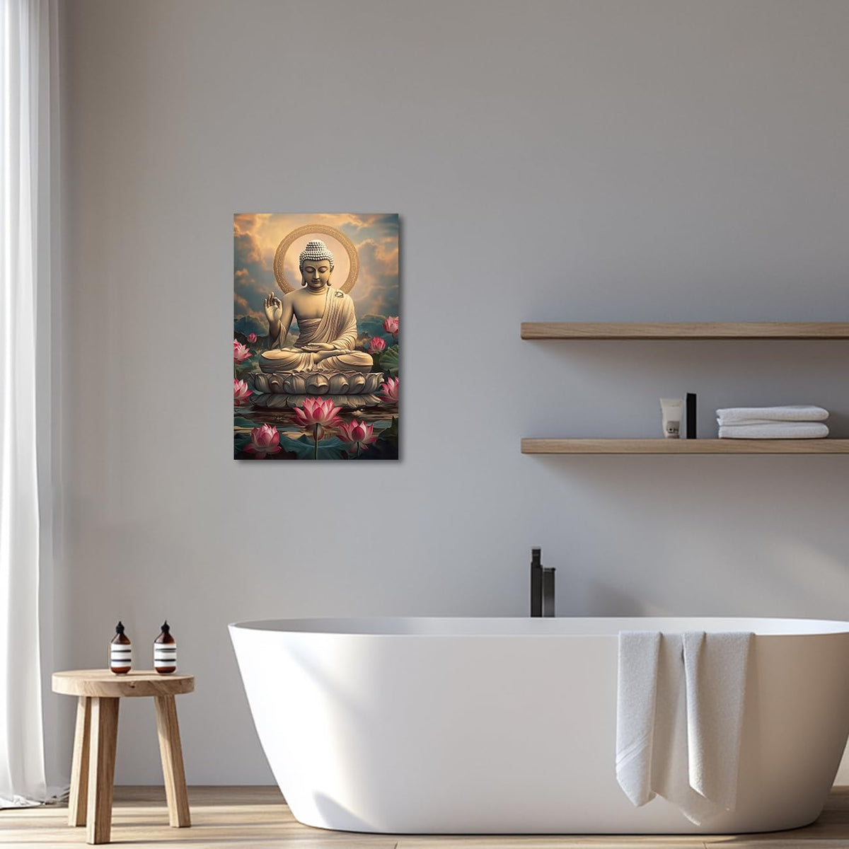 Buddha Canvas Wall Art Zen Picture Lotus Flower Painting Buddha Statue Prints Pink Floral Artwork Meditation Buddhist Artwork Prayer Room Decor Frame (Beige / 36L" x 24W")
