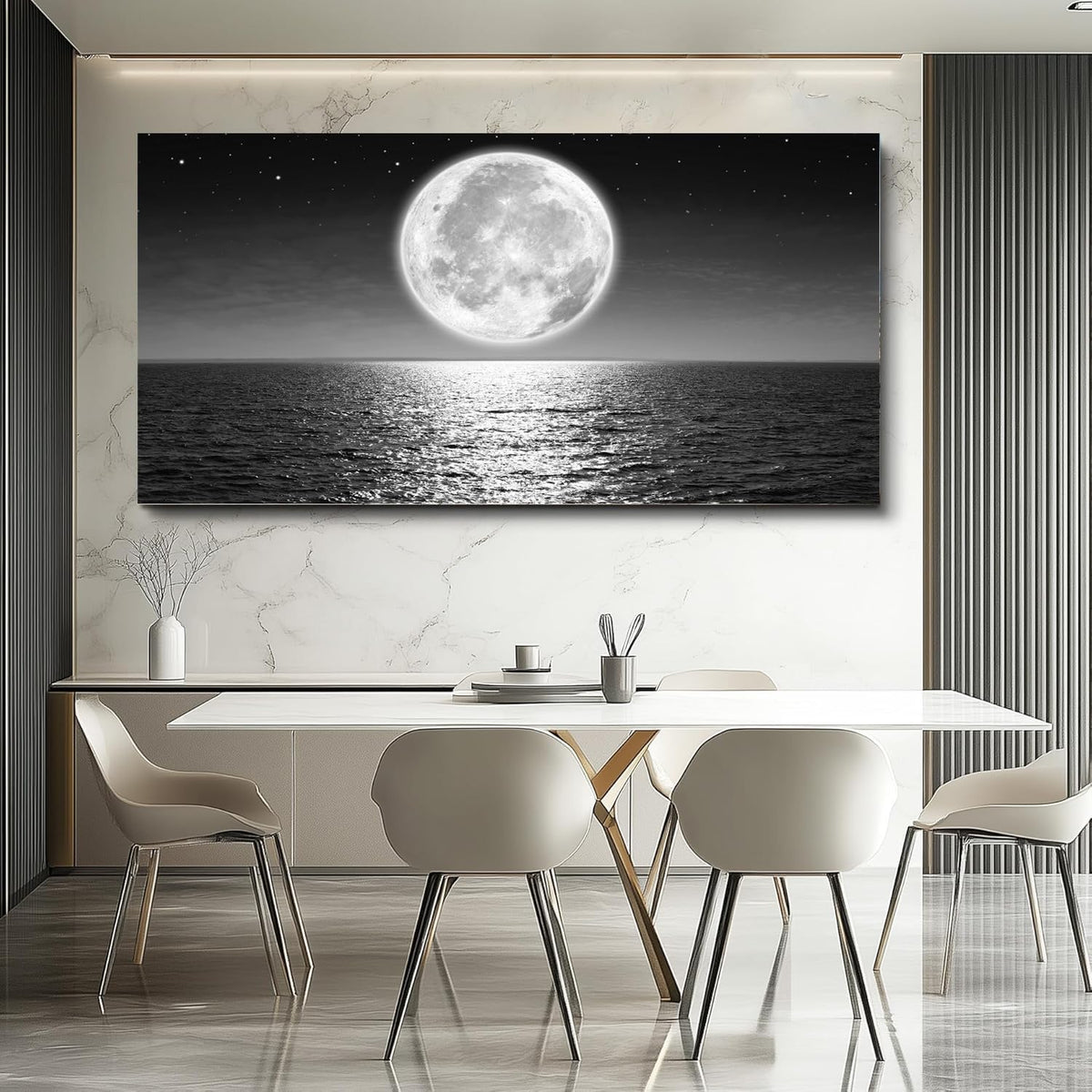 Black and White Wall Art Full Moon Sea Coastal Canvas Wall Art Beach Paintings Ocean Posters Landscape Picture Print Modern Office Artwork for Living Room Decor Bedroom Home Décor Framed (2SeaMo05 / 40"L x 20"W)