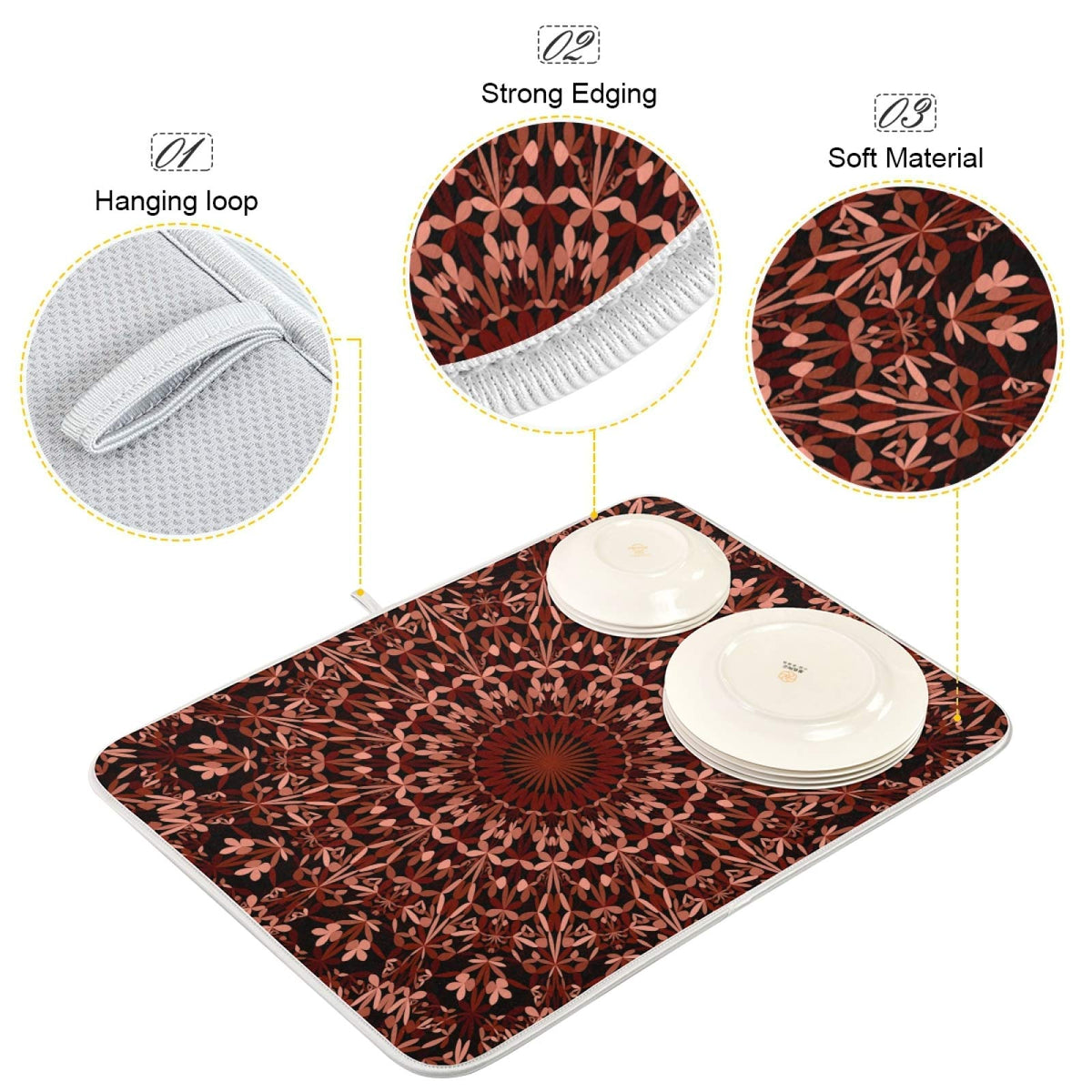 Super Absorbent Dish Drying Mat (Mandala Maroon Boho / 18" x 24")