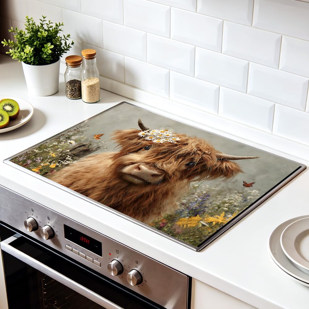 Highland Cow Glass Stove Top Cover 28x20 Inch Decorative Stove Cover (Colorful2093)