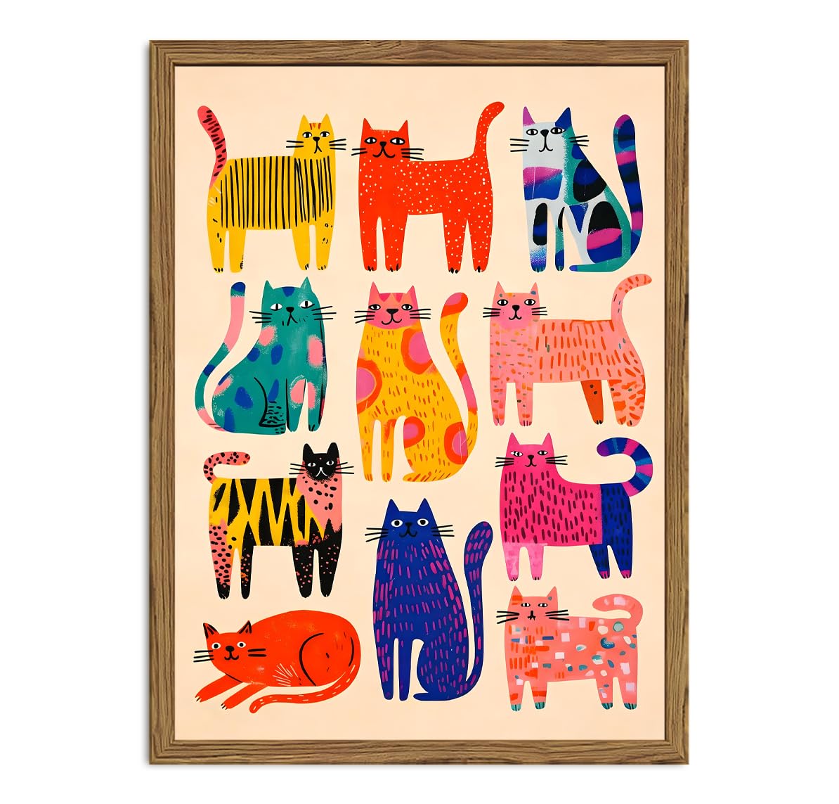 Colorful Cat Wall Art Whimsical Abstract Cat Wall Decor Picture Mid Century Animal Poster Canvas Painting Print for Living Room Bedroom 12x16 inch Wood Framed (Animal-Cats / 16"L x 12"W)