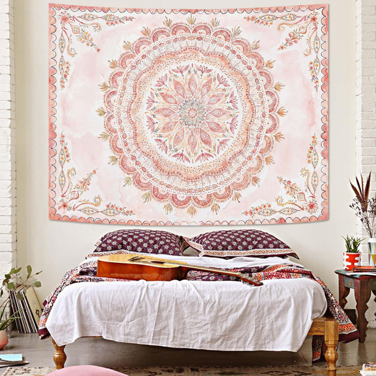 Boho Floral Mandala Tapestry Wall Hanging Pink Bohemian Flower Medallion Tapestry Aesthetic Watercolor Hippie Indian Small Tapestries for Bedroom Living Room Dorm Decor 60 x 44 Inch (Pink / 60"L x 44"W)