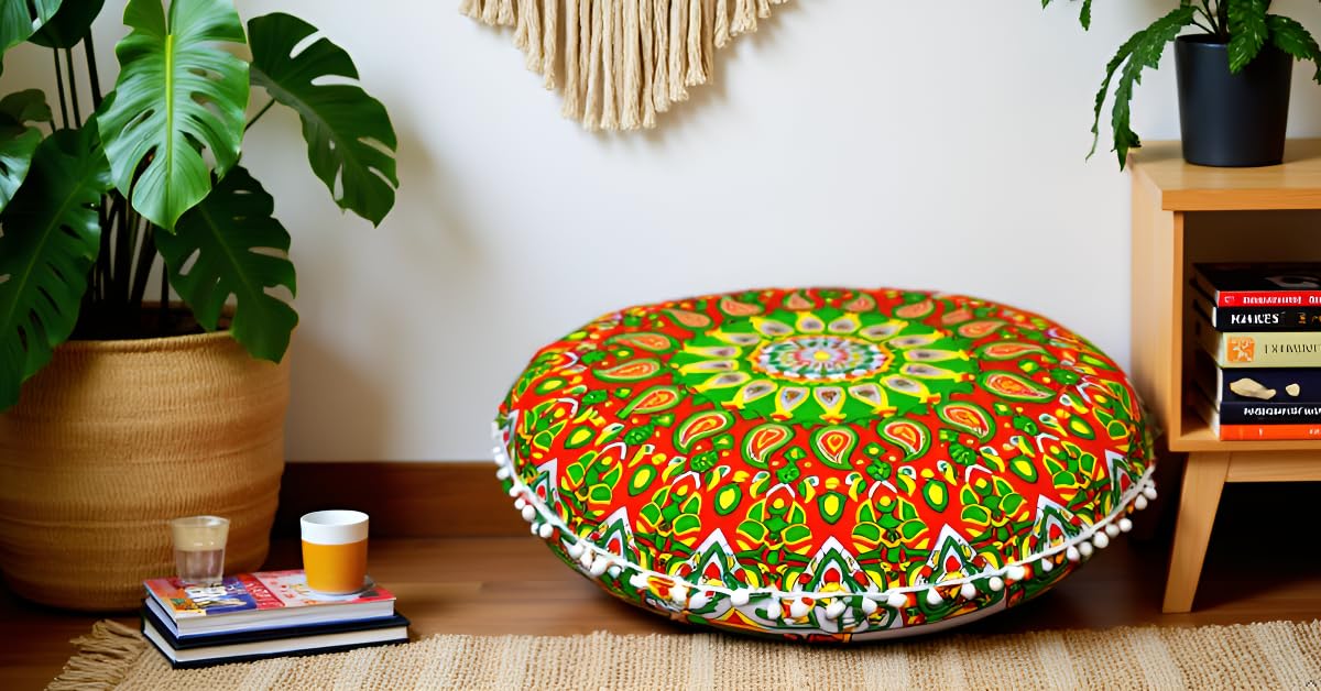 Large Round seat Floor Cushion Chair Ottoman Cover Pouf Pillow Meditation Floor Cushions for Adults Seating pouffe Ottoman Throw Covers Craft Room Furniture for Sitting Cover 22 Inches (Green Red)