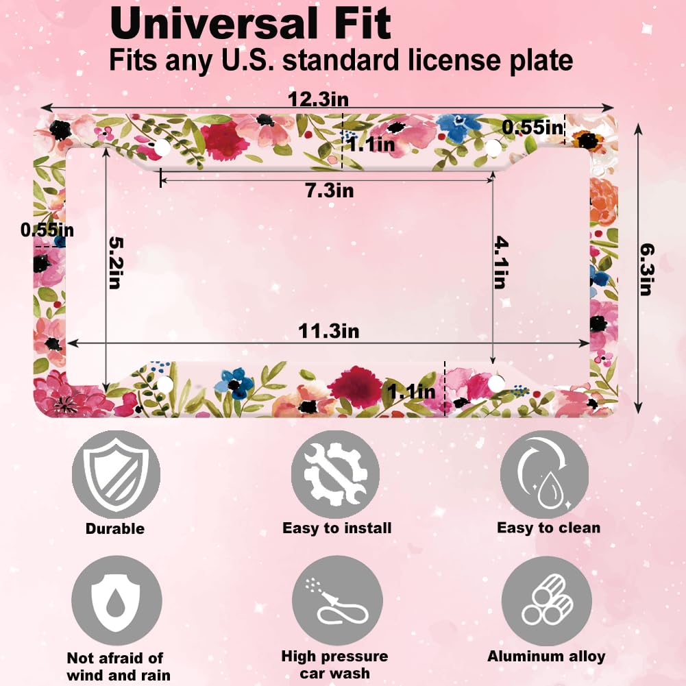 Pink Abstract Flowers License Plate Frame for Women 2Pc Car Tag (for Floral-Artistic)
