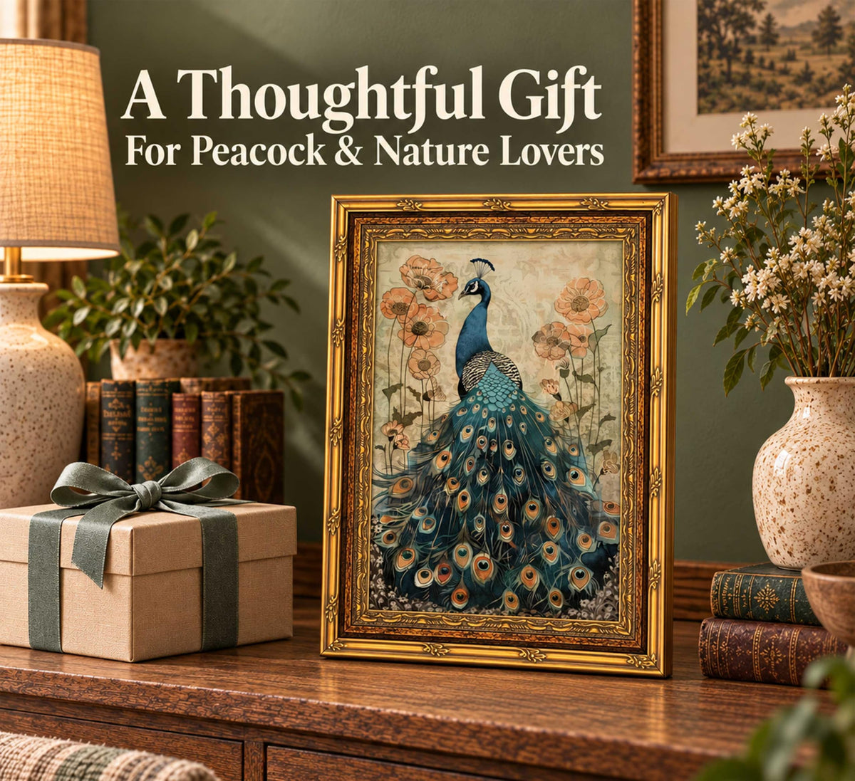 Vintage Gold Framed Peacock Poppy Canvas Wall Art (Peacock / 16"L x 12"W)