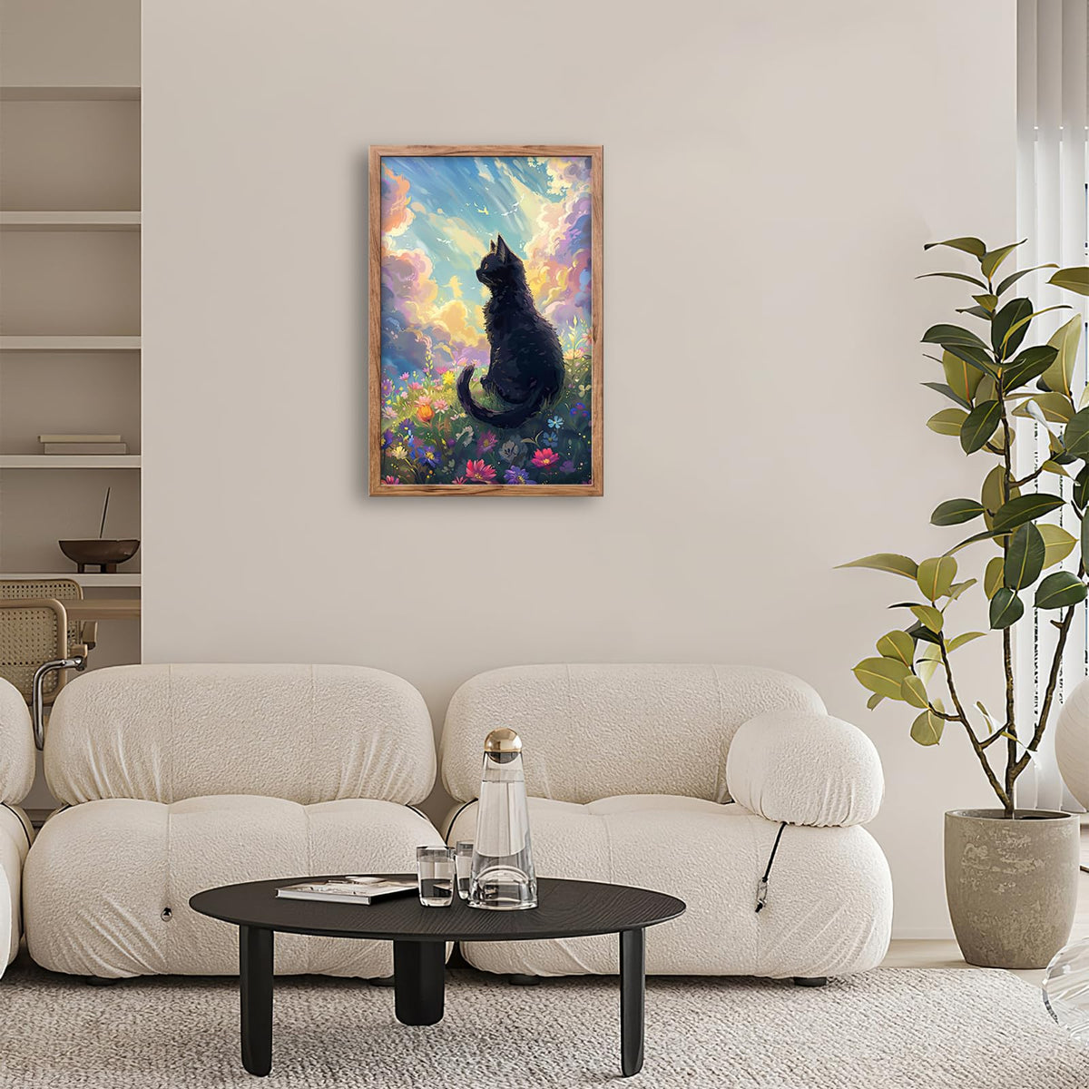 Black Cat Framed Wall Art Anime Cat Pictures Canvas Wall Decor Wildflower Landscape Painting Nature Decorations for Bathroom Bedroom Living Room Office 24"x16" (Black Cat / 24"L x 16"W)