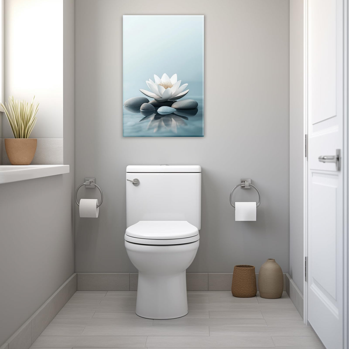 White Lotus Canvas Wall Art Spa Stone Picture Print Lotus In Water Poster Blue Zen Tranquility And Relaxation Painting Framed Artwork Ready To Hang (Artwork-3 / 18"L x 12"W)