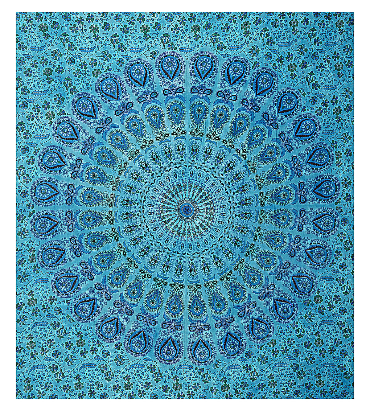 Handmade Cotton Peacock Mandala Tapestry (90"L x 84"W / Turquoise)