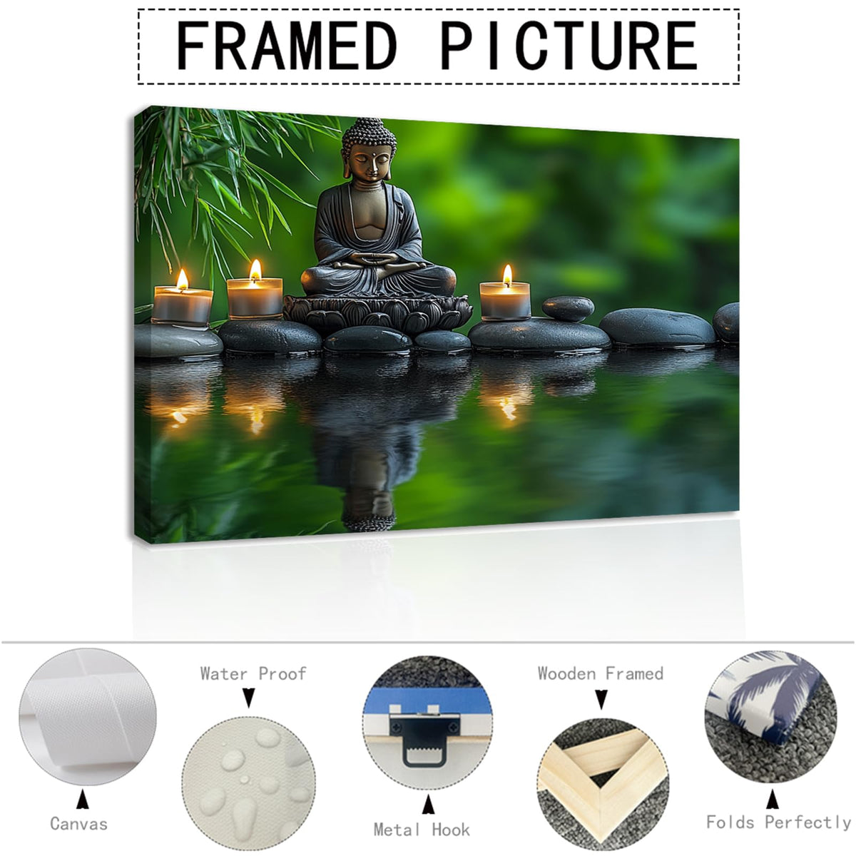 Zen Buddha Canvas Wall Art Meditation Decor with Candles and Stones Print Framed Artwork Poster for Yoga Spa Room Decor (WE000051-8 / 18"L x 12"W)