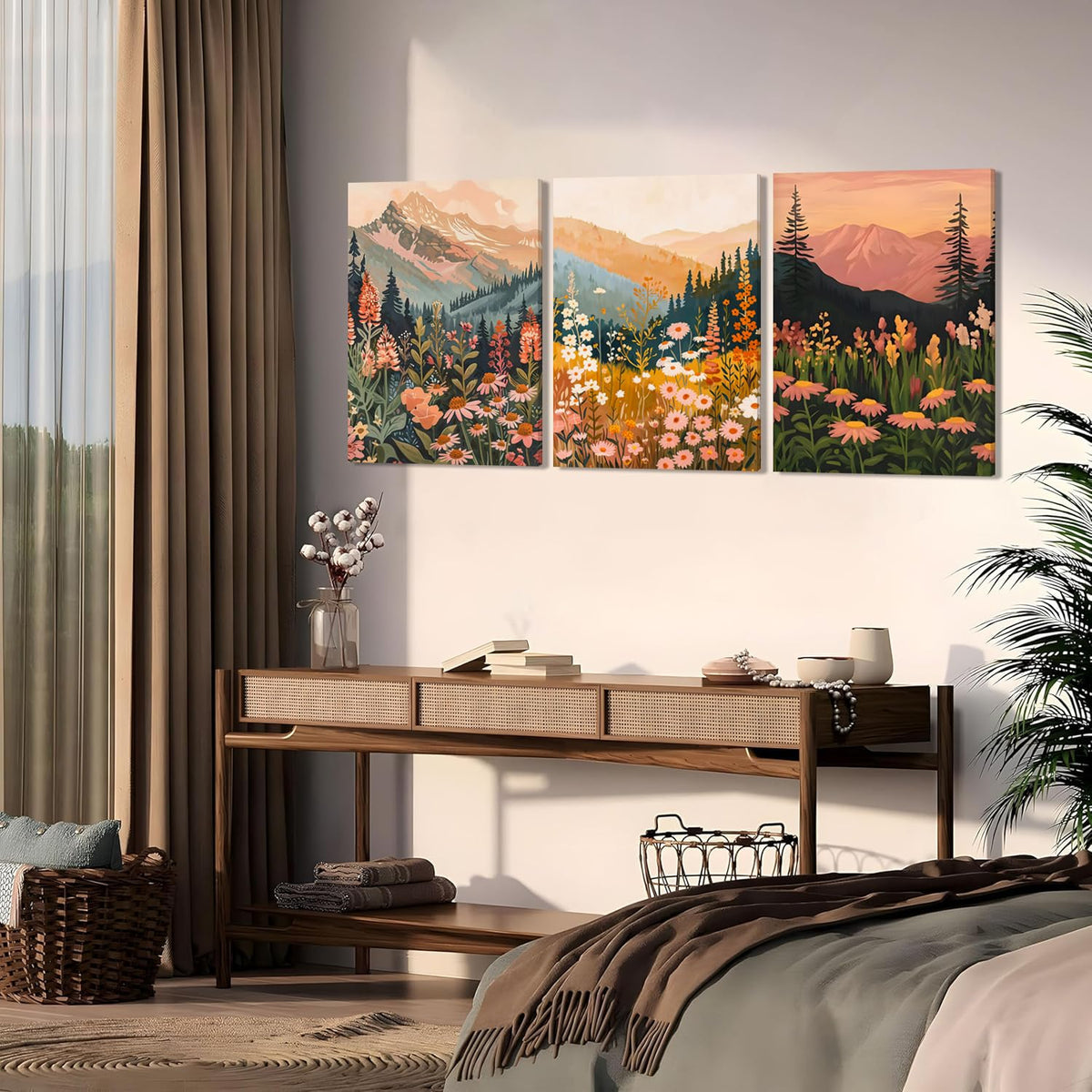 Boho Colorful Watercolor Mountain Canvas Wall Art Set of 3 (Tree canvas / 16L"x12W")