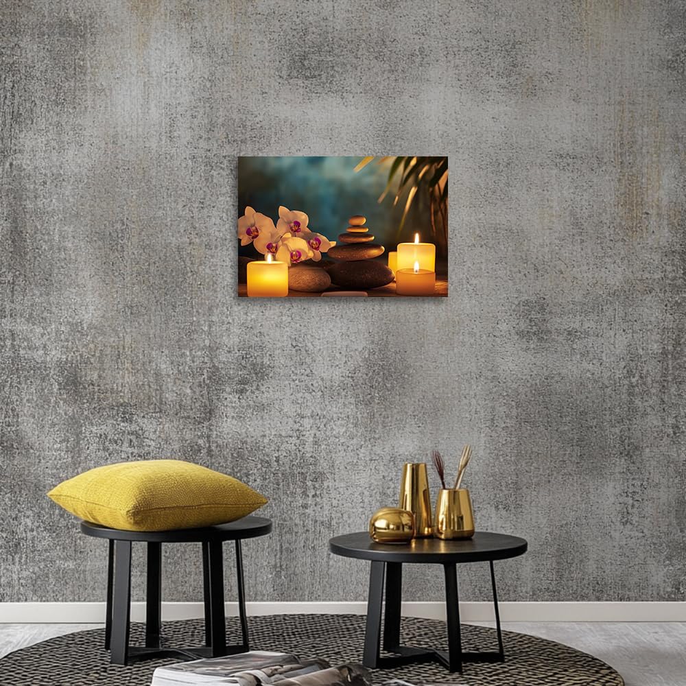 YMXHUANSH SPA Wall Art Decor Candles Canvas Print Orchids & Stones Zen Bathroom Artwork for Yoga Room Bedroom Massage Studio 12x18inch (Orange / 12"x18")