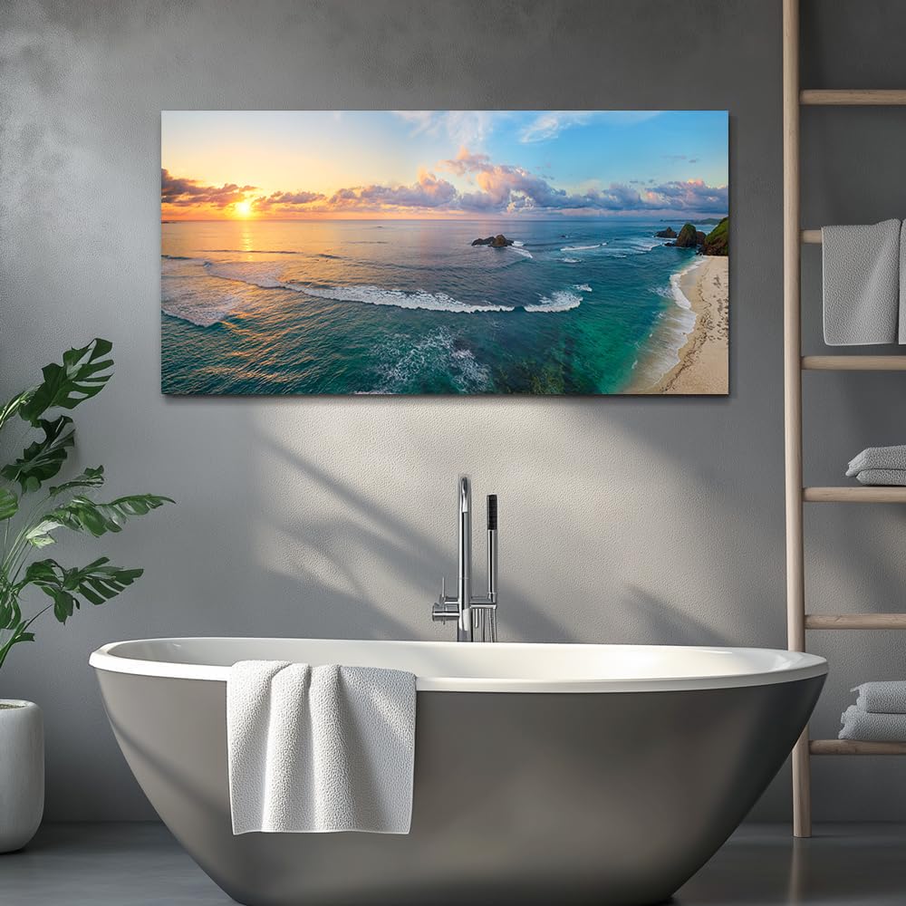Large Pictures for Living Room Wall Decor Bedroom Coastal Wall Art Sunset Beach Painting Ocean Poster Room Decor Office Artwork Seascape Prints Framed Modern Bathroom Home Decorations (AcoatL / 48"L x 24"W)