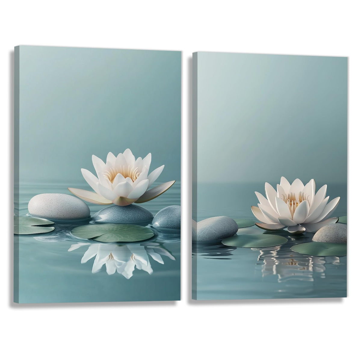 Zen Wall Art 2 Panel White Lotus Pebble In Water Picture Canvas Print Blooming Floral Poster Calming Painting Framed Artwork for Yoga Spa Room Decor (Artwork-1 / 12"x16"x2pcs)